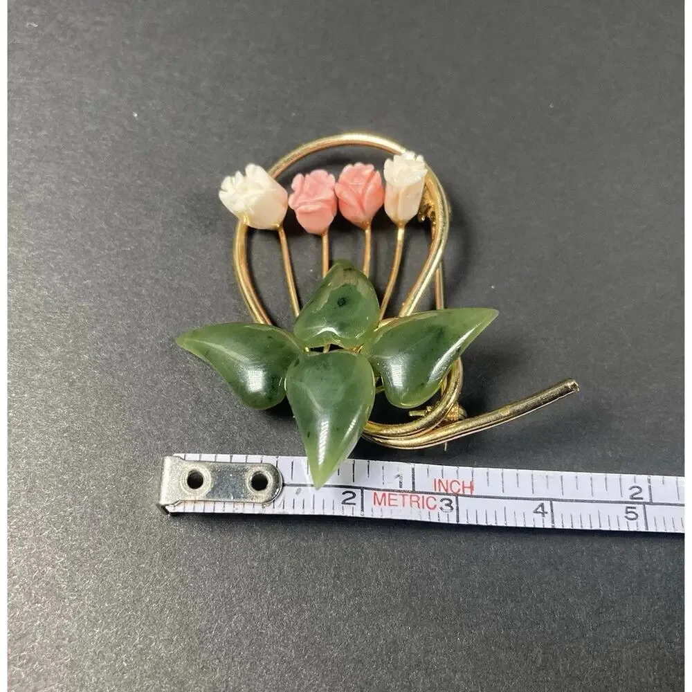 Vintage Faux Jade & Coral White Carved Rose Buds Gold Tone Pin Brooch